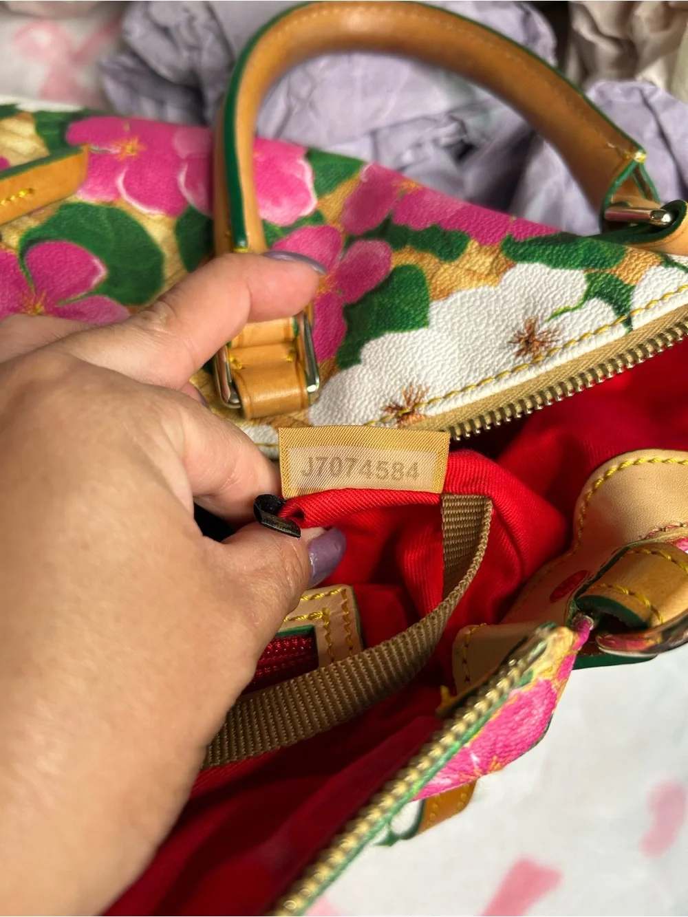 Dooney & Bourke Pink, White & Green Floral Satchel with Tan Trim